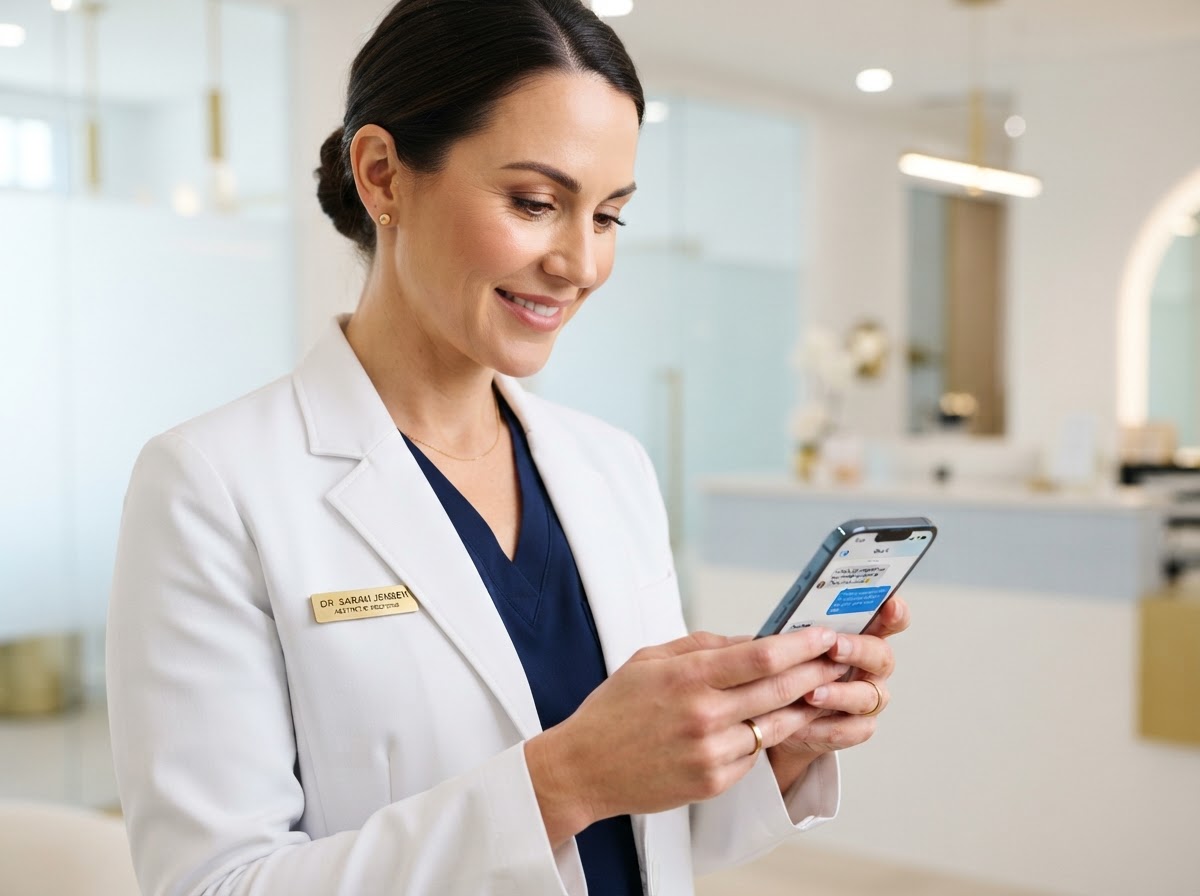 Doctora de medicina estética revisando consultas respondidas automáticamente por IA