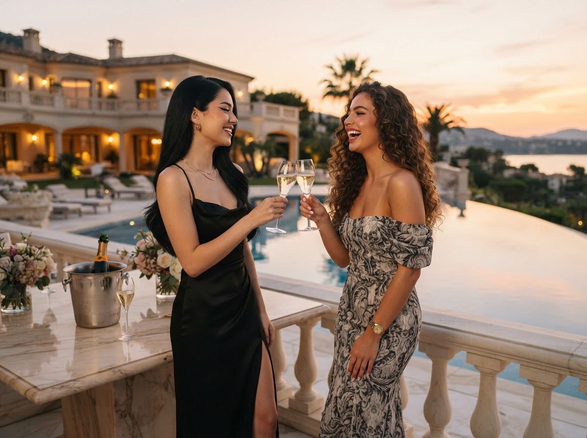Champagne flutes by crystal pool water