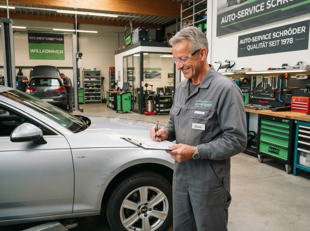 Meister begutachtet ein Fahrzeug für eine Schadeninformation und Besichtigung in der Werkstatt
