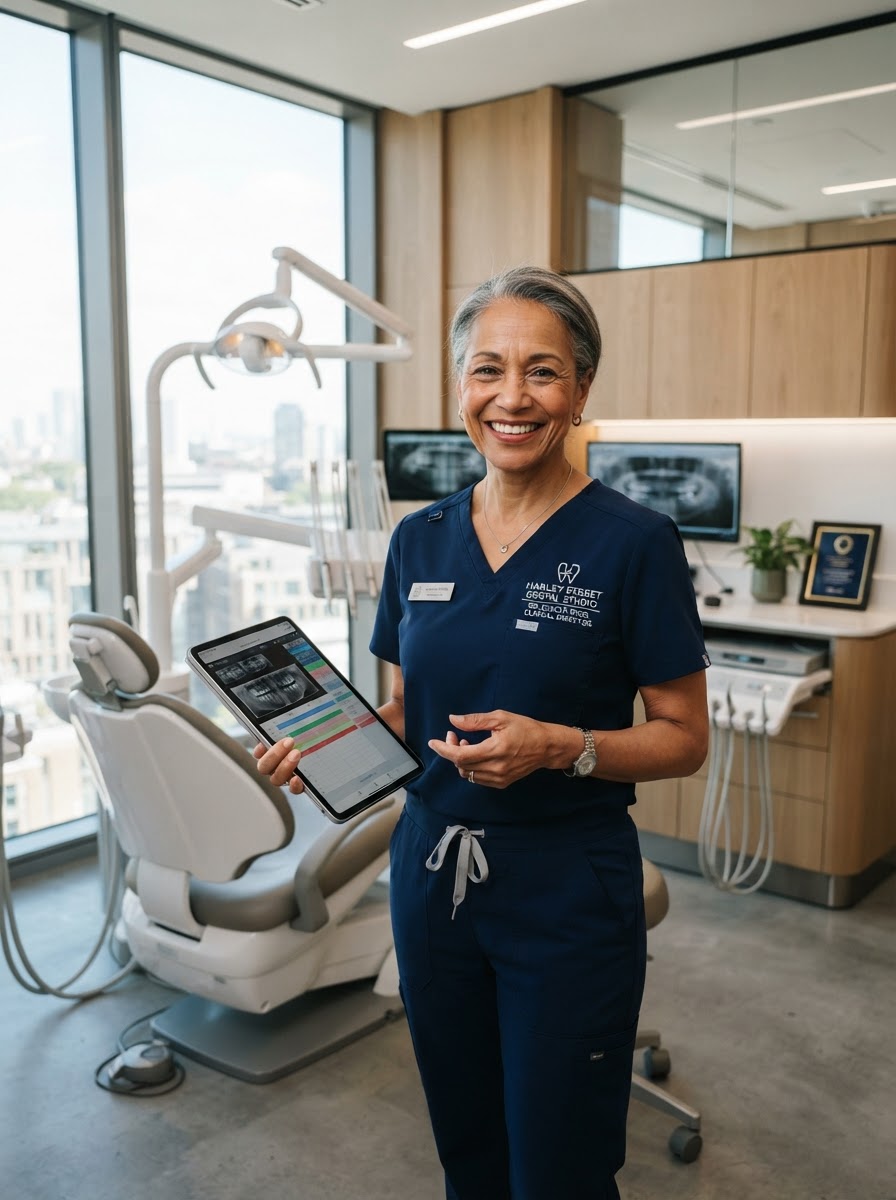 Dental practice director holding digital tablet in modern surgery