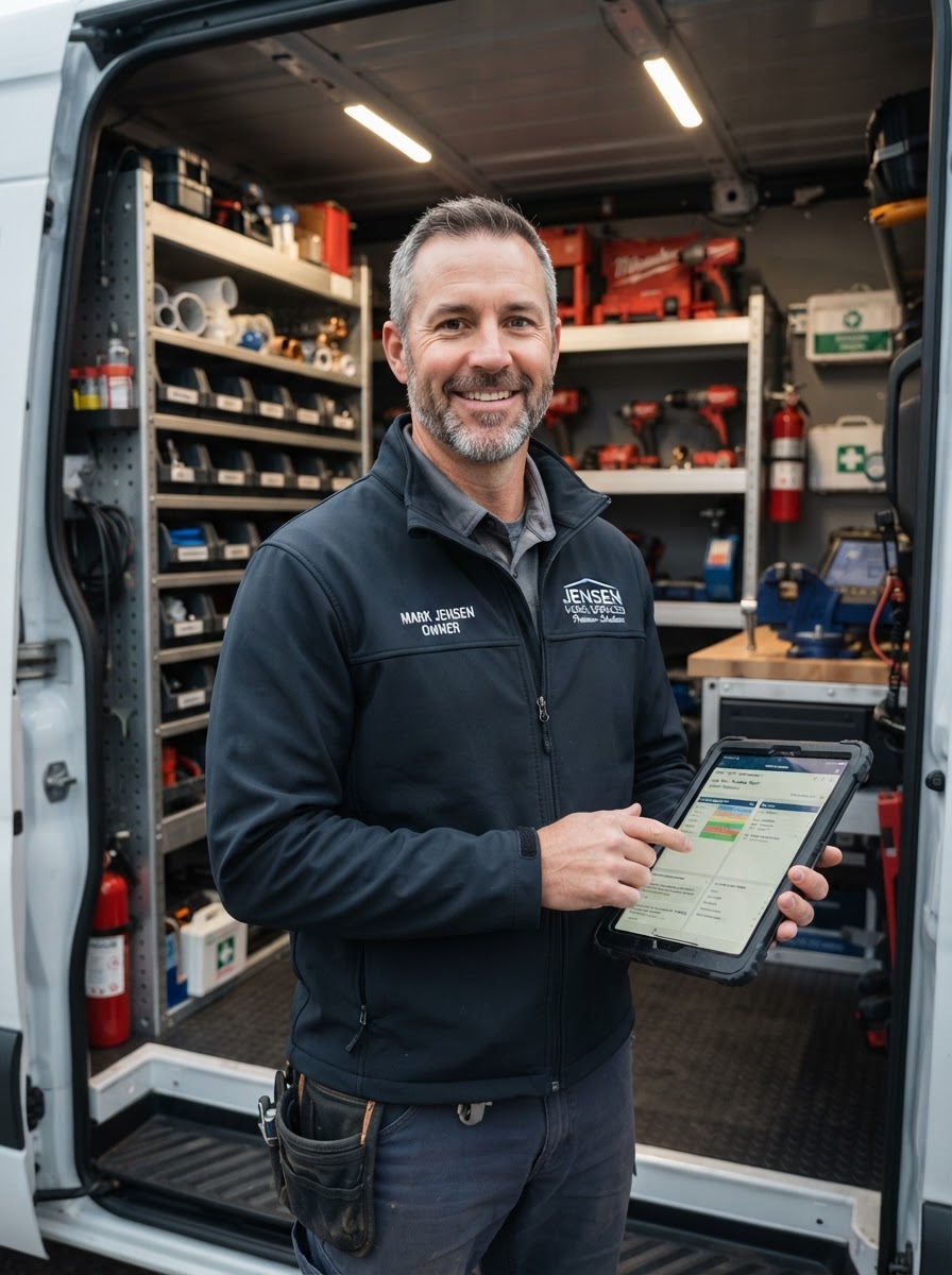 Home service business owner holding tablet in modern workshop