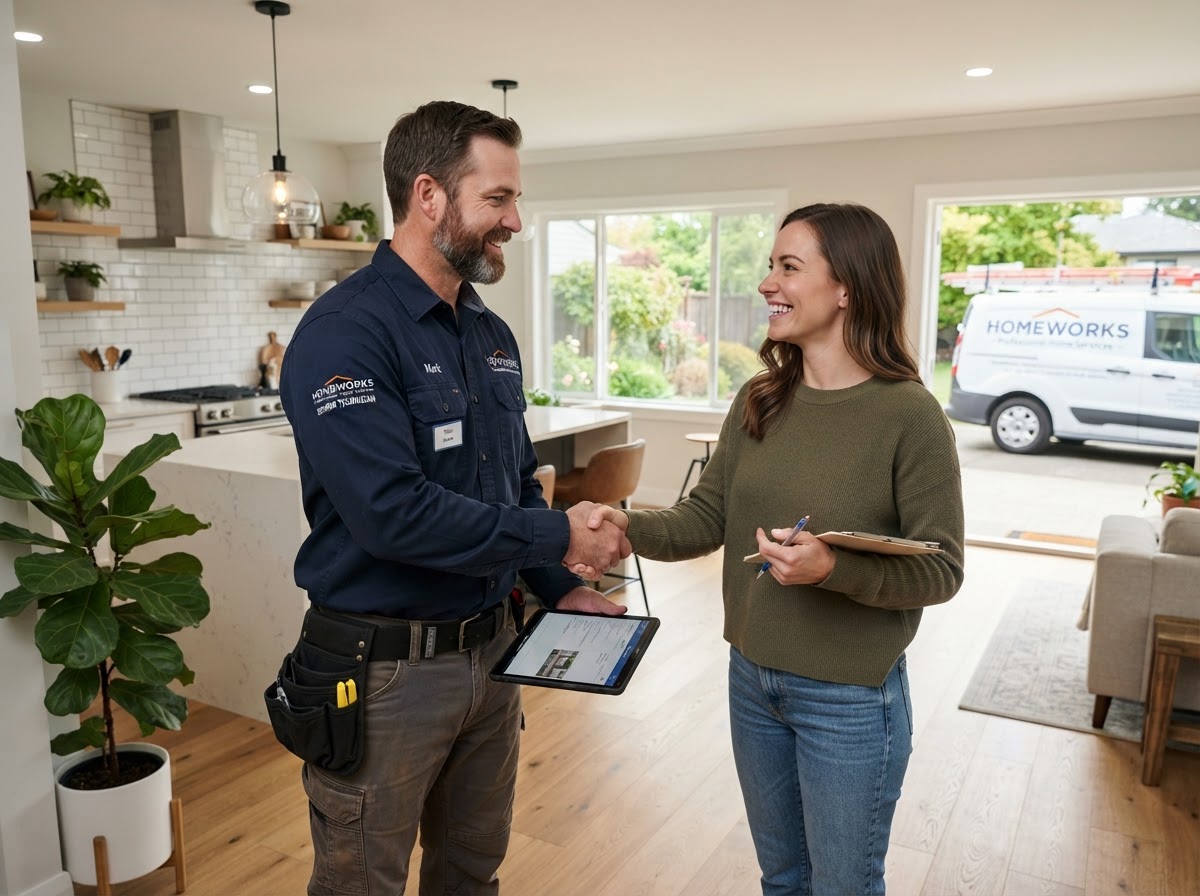 Home service professional on-site interacting with a customer