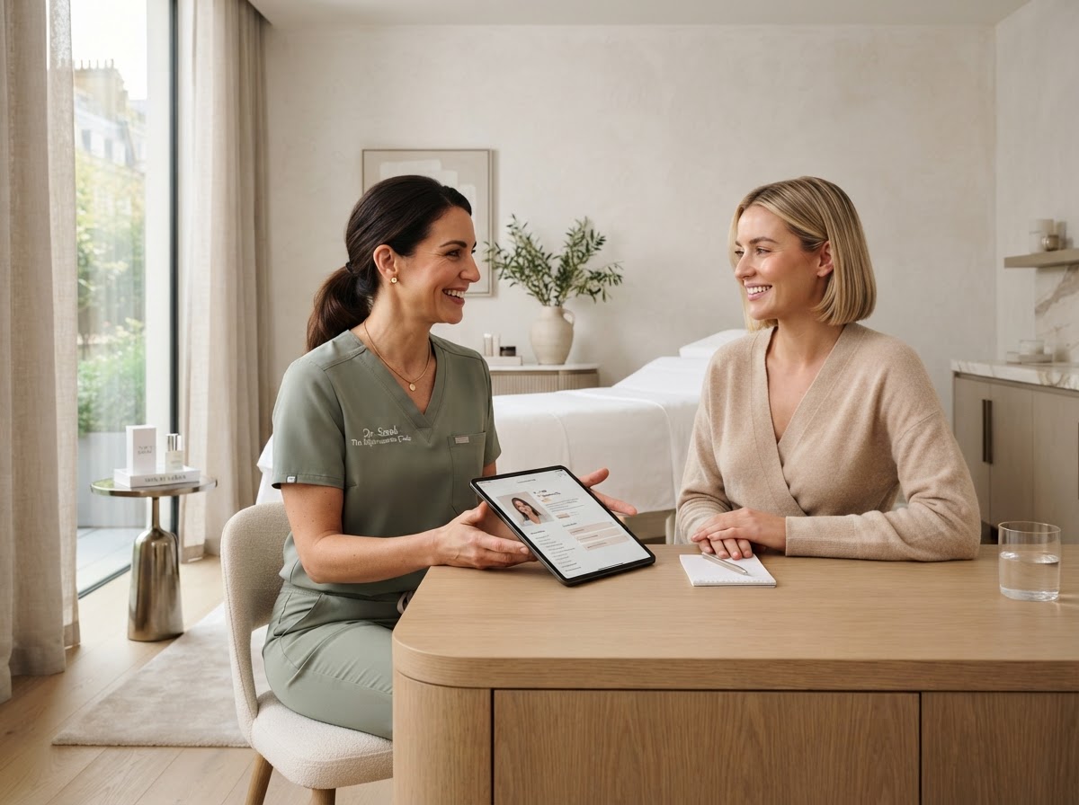 Med spa practitioner speaking naturally with a client in a bright modern treatment room