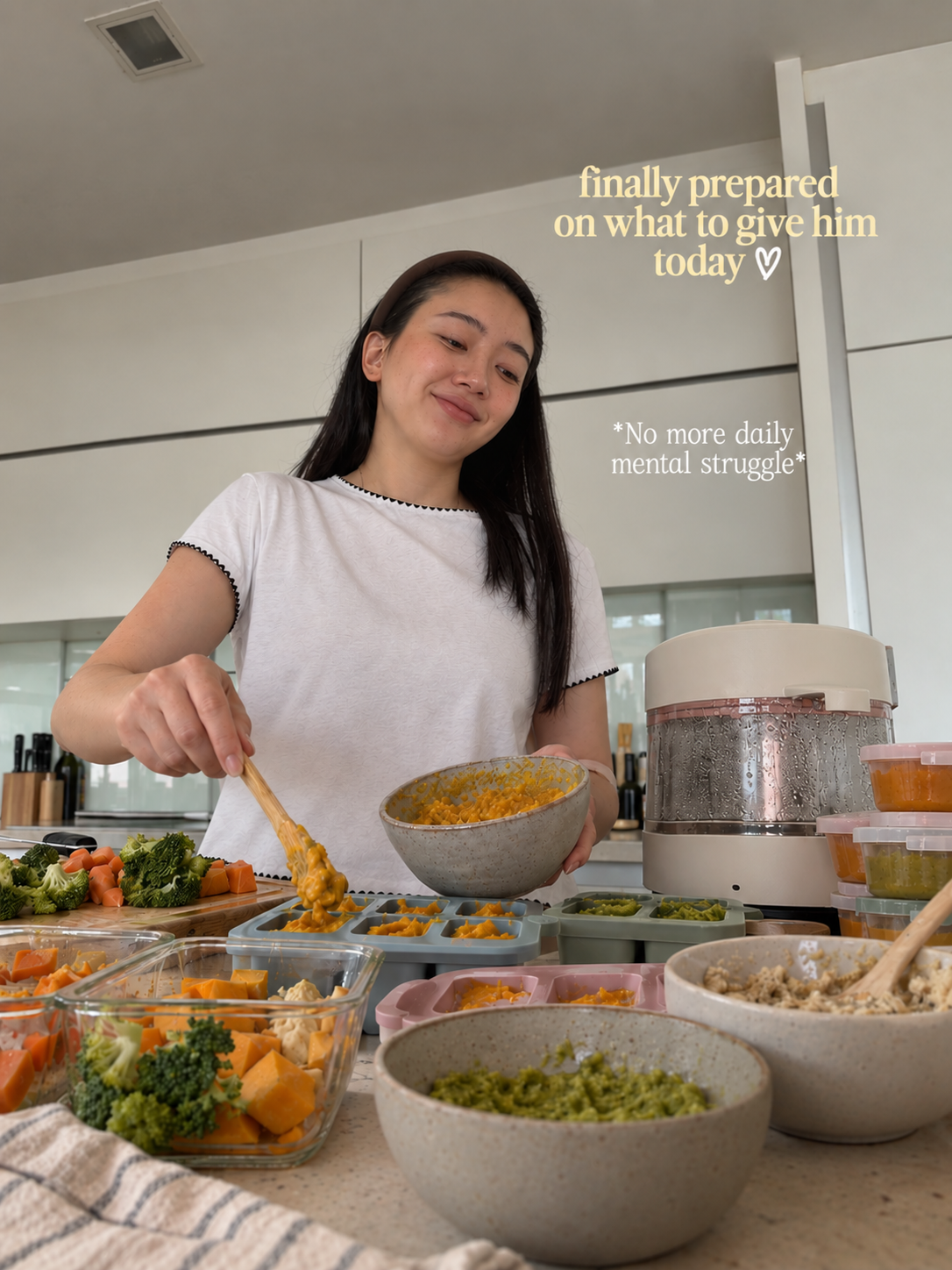 Jia preparing baby meals in silicone freezer pods in her kitchen