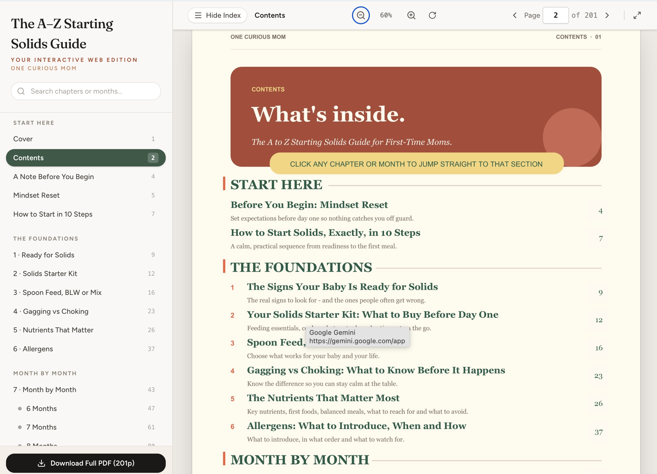 Interactive Web Edition Reader for The A-Z Starting Solids Guide showing the left navigation bar and chapter index