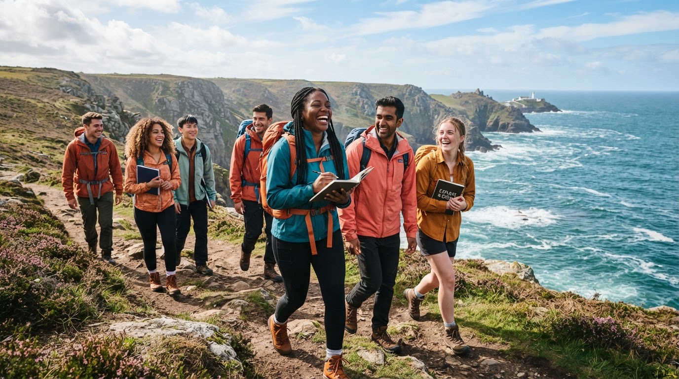 Diverse young adults on an adventure experience along a dramatic UK coastline, laughing and confident