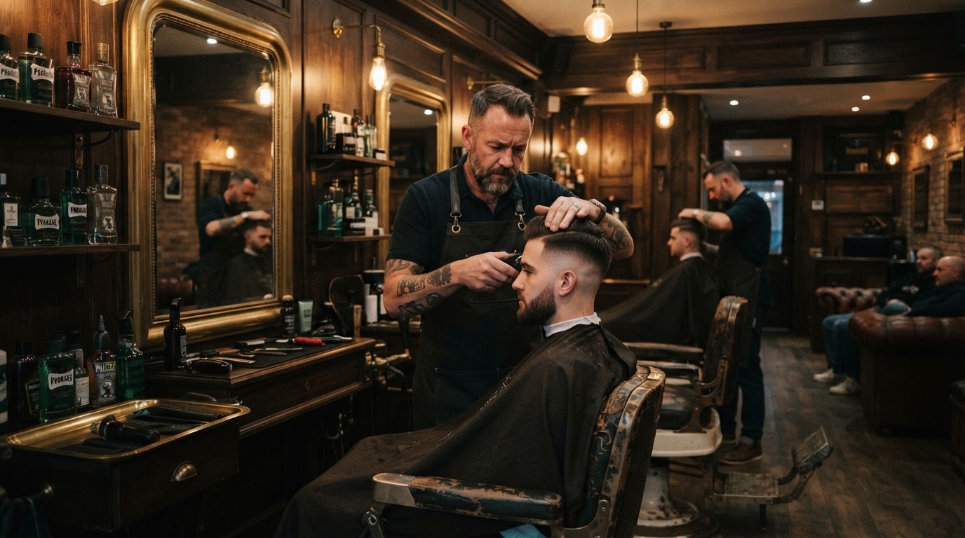 Cedar & Razor barbershop interior with vintage leather chairs and warm lighting