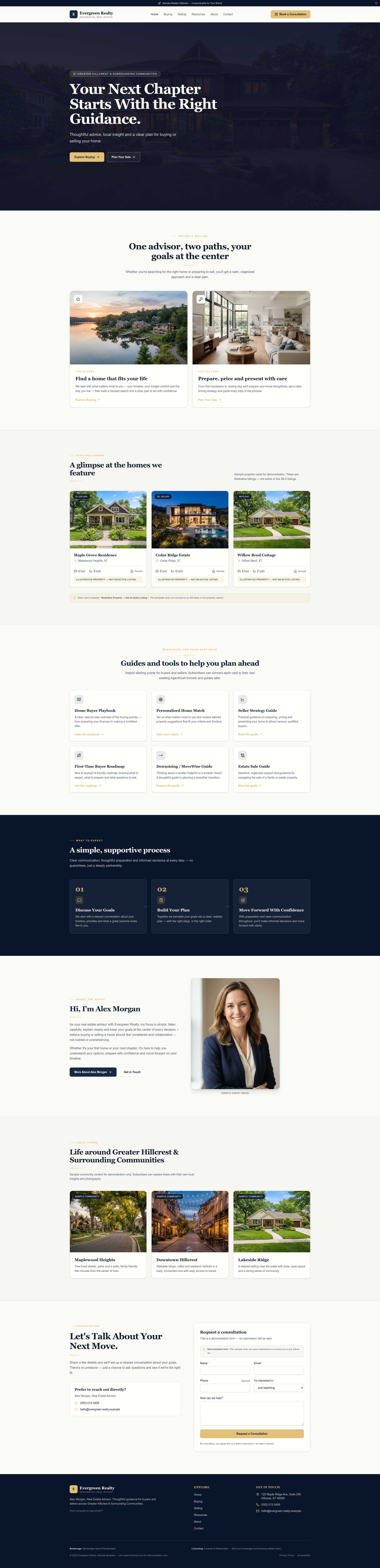 Homepage screenshot of the Classic & Professional agent website template featuring Evergreen Realty with a navy and gold palette, full hero section, and curated listing previews.