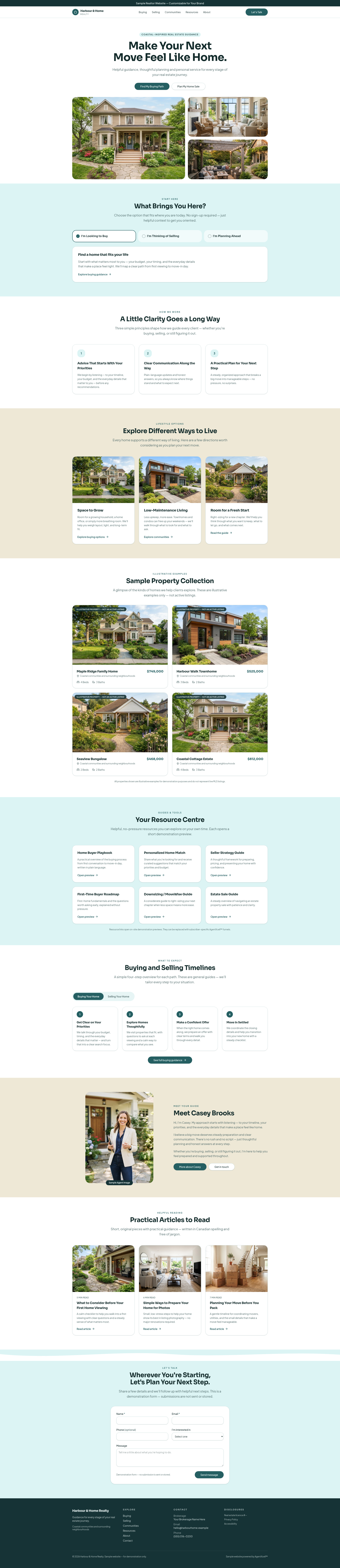 Homepage screenshot of the Bold & Contemporary agent website template featuring Harbour & Home Realty with coastal accents and bold modern typography.