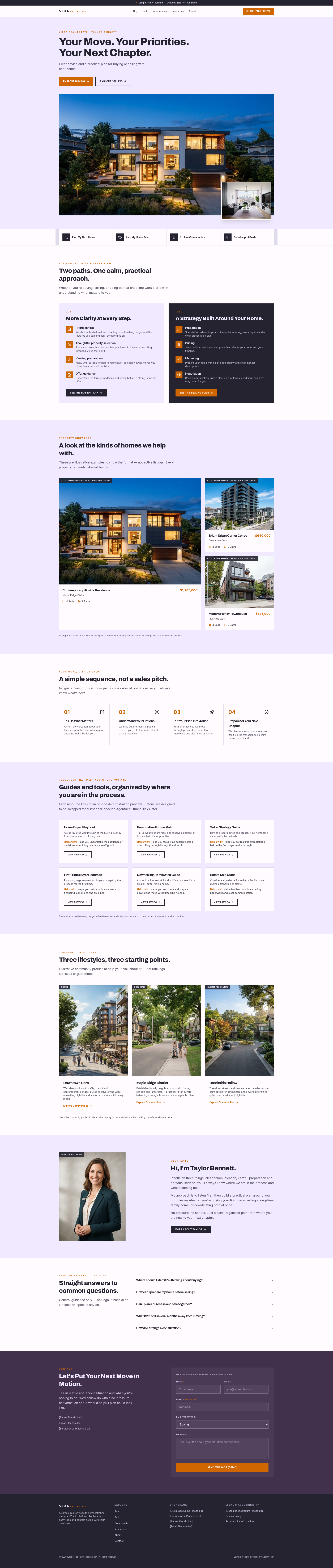 Homepage screenshot of the Warm & Welcoming agent website template featuring Vista Real Estate with inviting architectural photography and an editorial magazine layout.