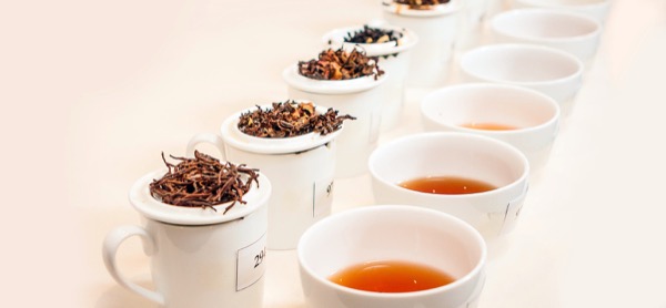Fila de tazas de cata y cuencos con hojas e infusiones de té listas para la evaluación