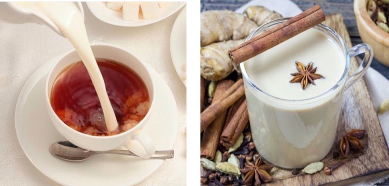 Té negro servido con leche y té chai especiado con canela y anís estrellado