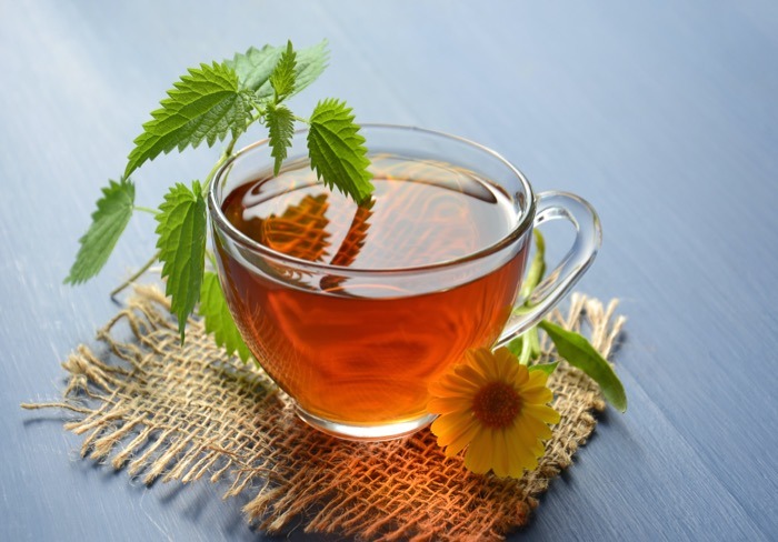 Taza de infusión de hierbas con flor y hojas frescas