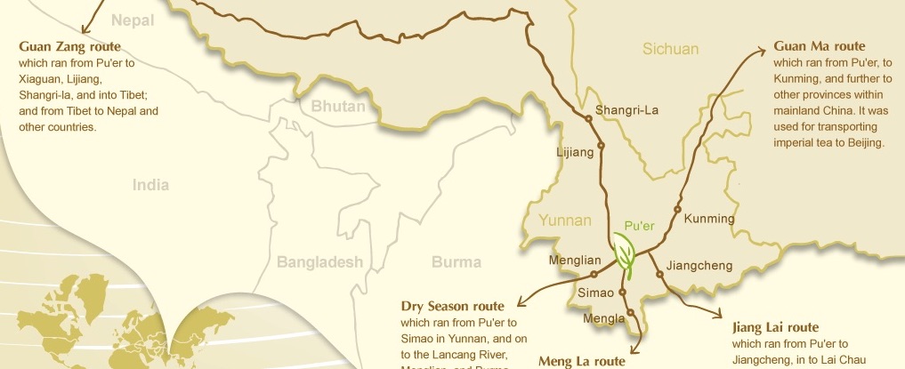Mapa histórico de las rutas del té desde Pu'er Yunnan hacia el Tíbet, Beijing y el sudeste asiático