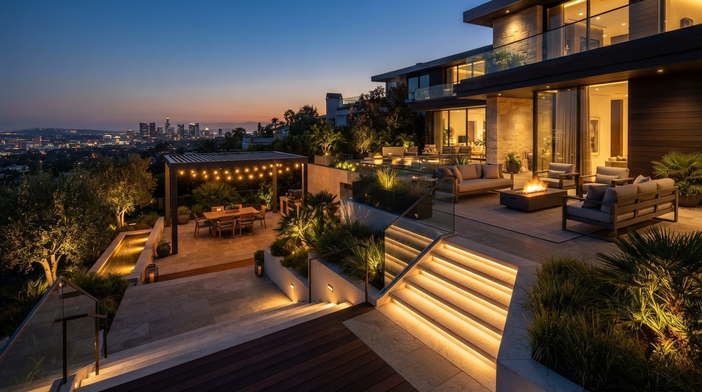 Terrace and patio at dusk with architectural step lighting and landscape illumination