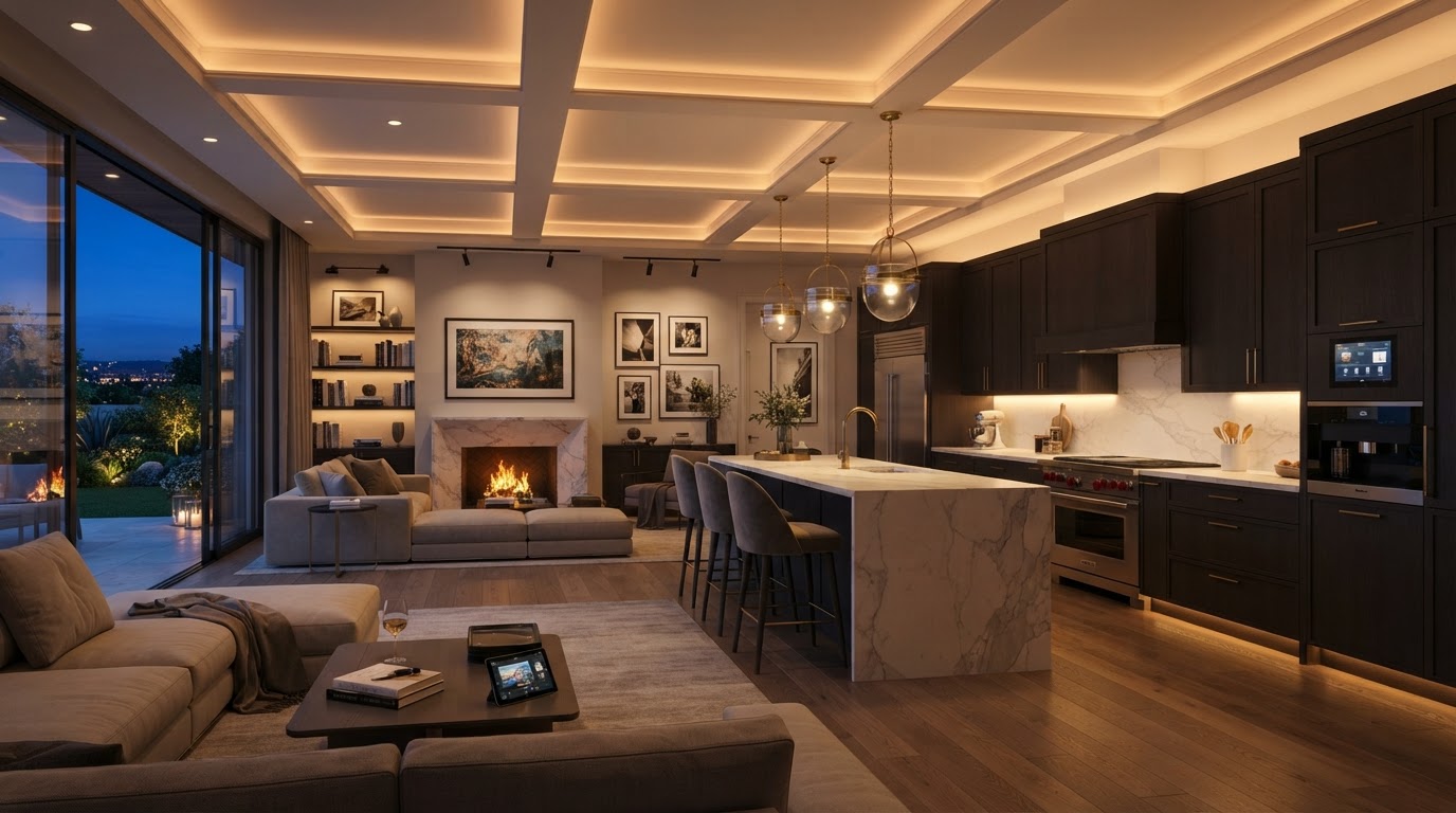 Open luxury kitchen with architectural layered lighting, pendants, and cove accents