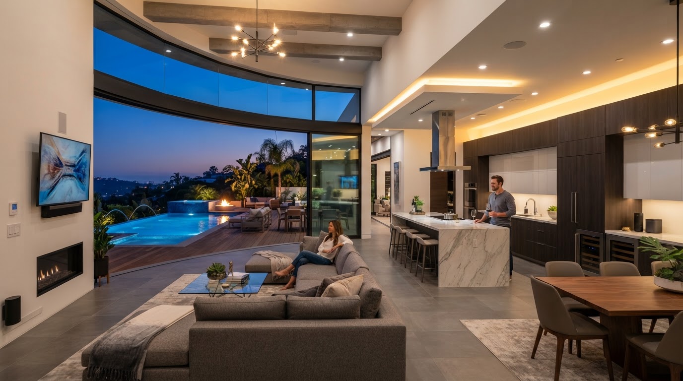 Open-plan living and kitchen interior with warm architectural lighting