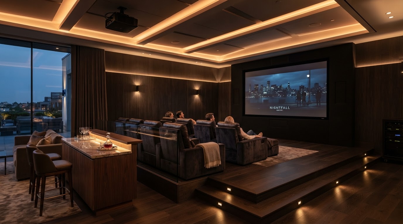 Private media room with subtle accent lighting and twilight ambient glow