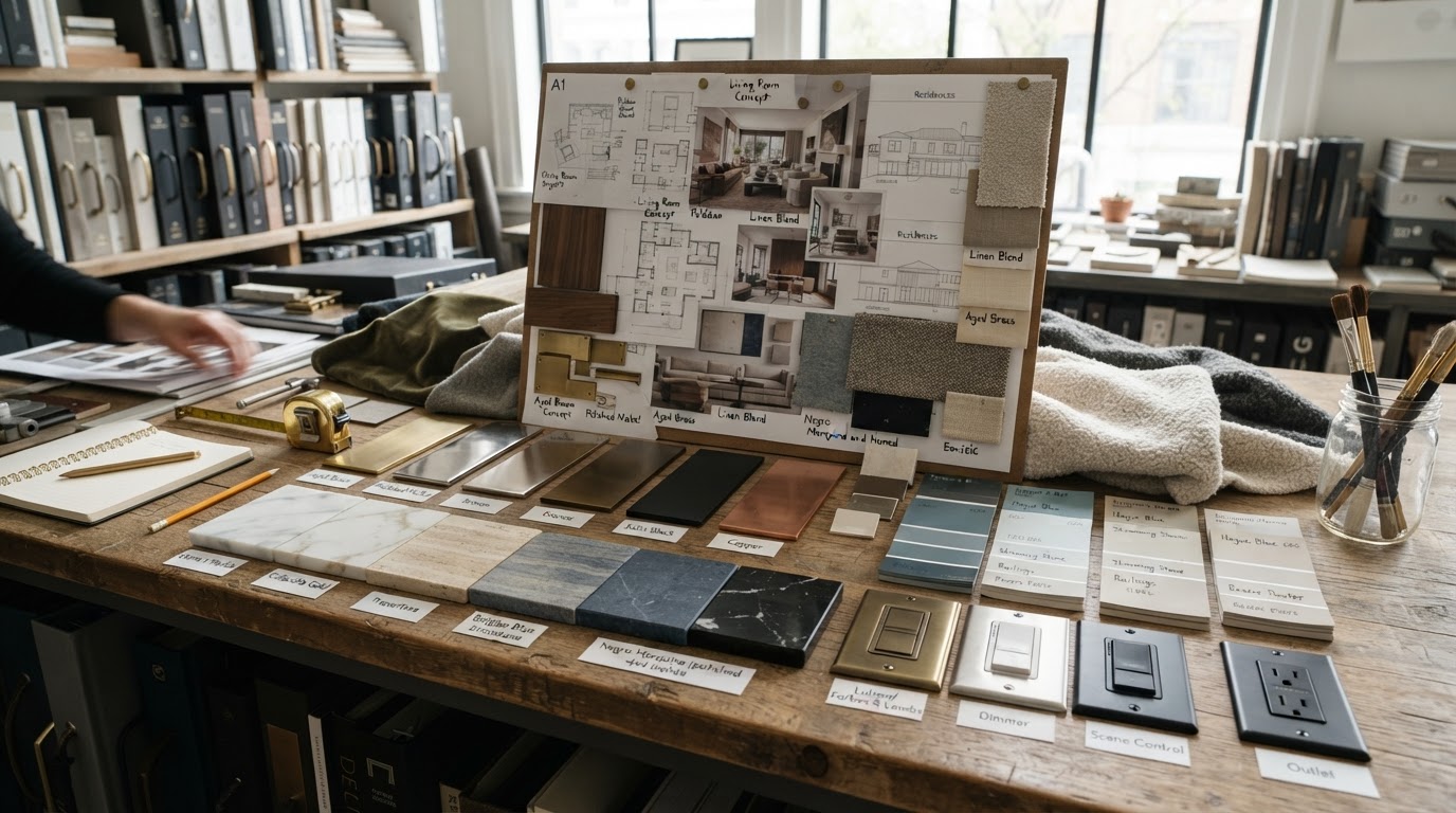 Interior design materials, stone samples, and demonstration arrangement on a counter