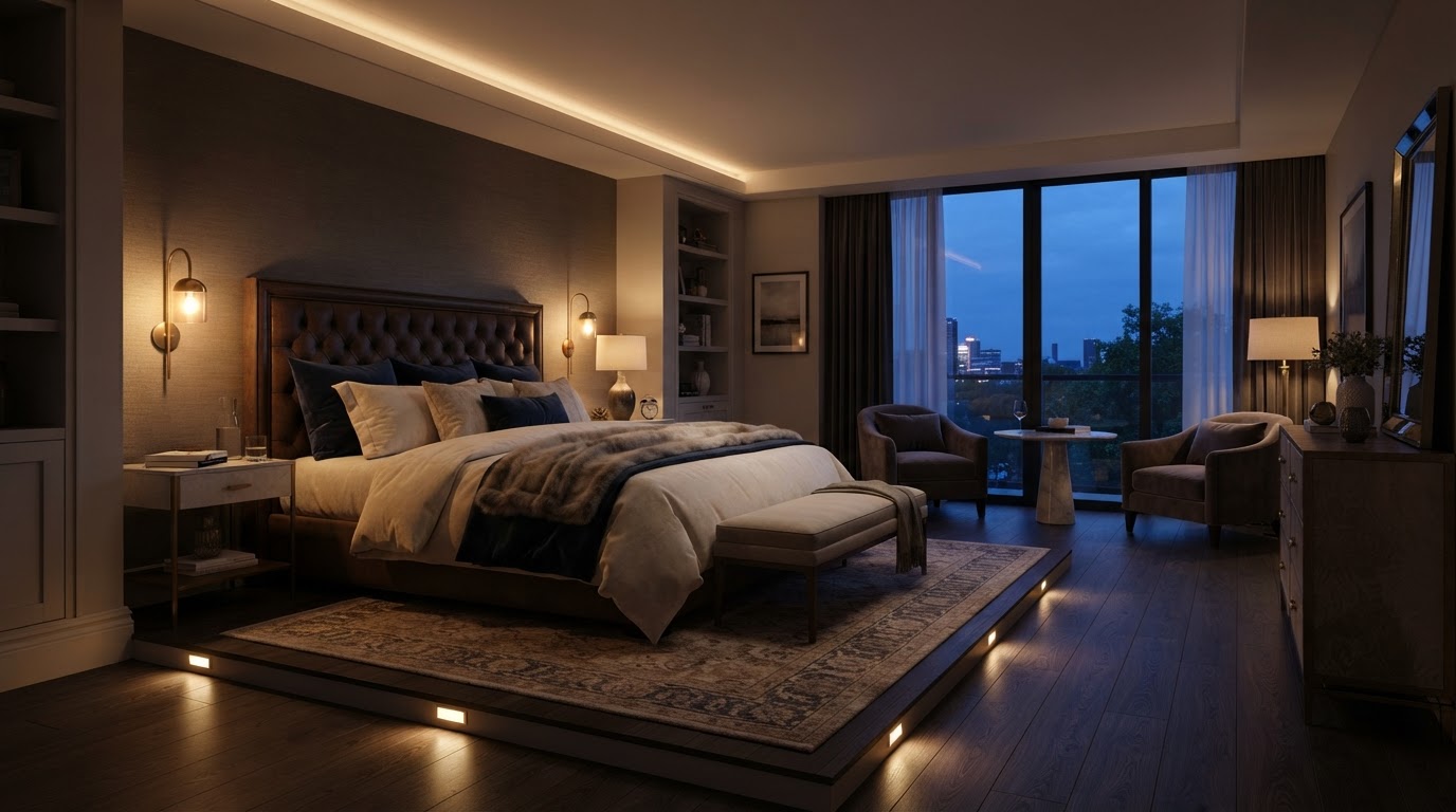 Warm bedroom at twilight with soft dimmable bedside sconces and warm lighting