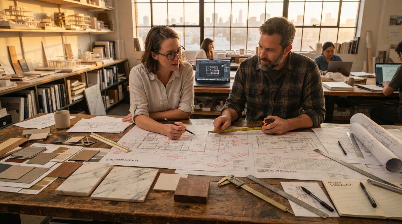 Architectural workspace table with plans, blueprints, and materials under golden hour light