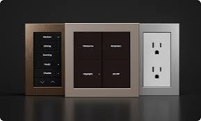 Control4 Lux modular keypads, square multi-button controller, and matching designer outlet faceplates
