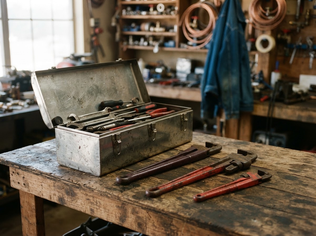 Plumber's tools arranged on a weathered wood workbench