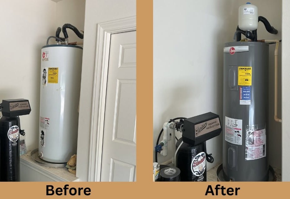 Before and after water heater replacement showing new tank installation with thermal expansion tank and clean piping