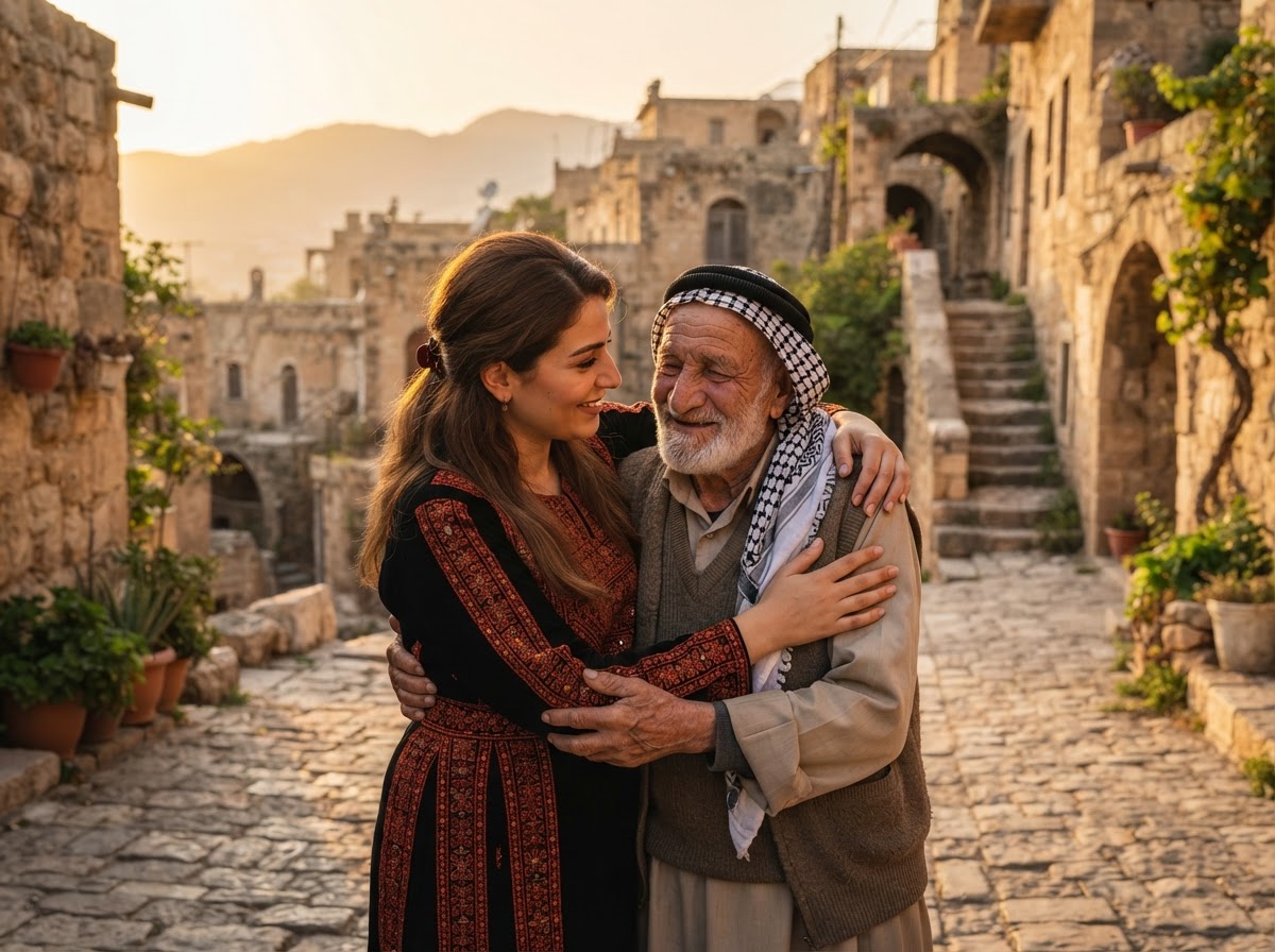 Maria hugging old man