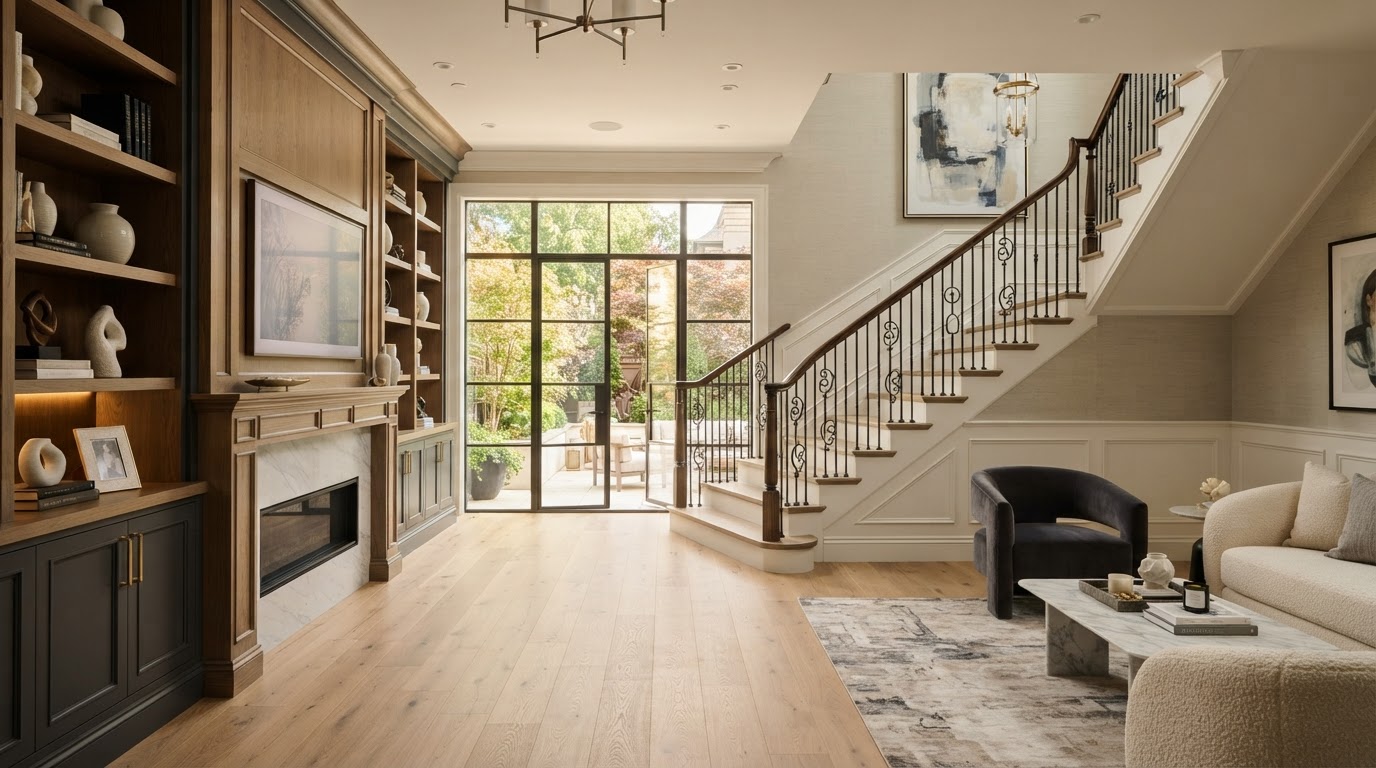 Luxurious custom finish carpentry interior with elegant staircase and hardwood flooring