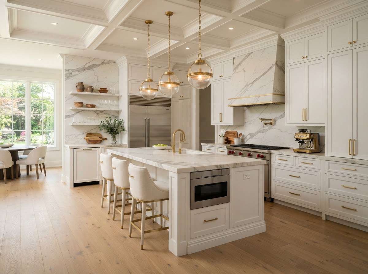 Custom kitchen remodel with cabinetry, marble countertops, and gold detailing