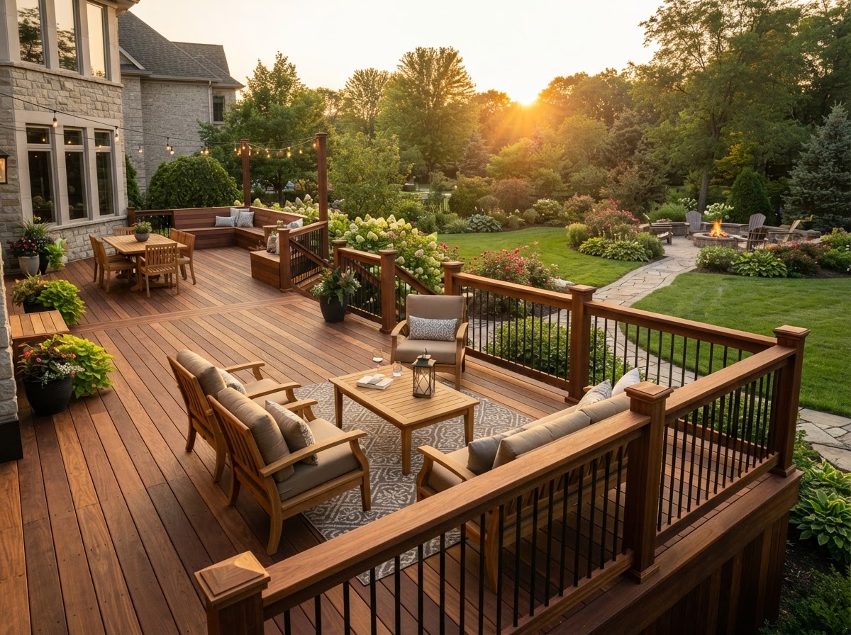 Premium hardwood deck with custom railing extending outdoor living space