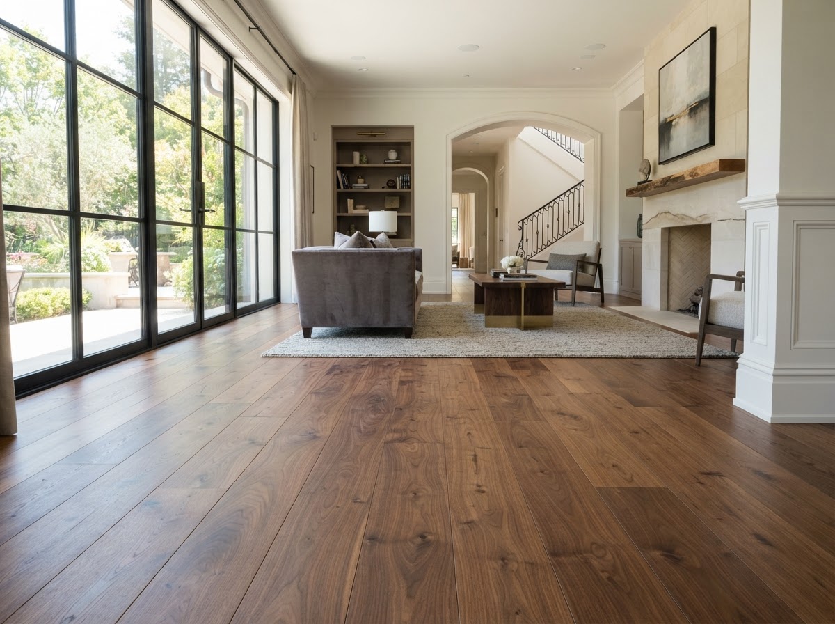 Custom-built outdoor deck with premium hardwood and custom railing on an upscale home