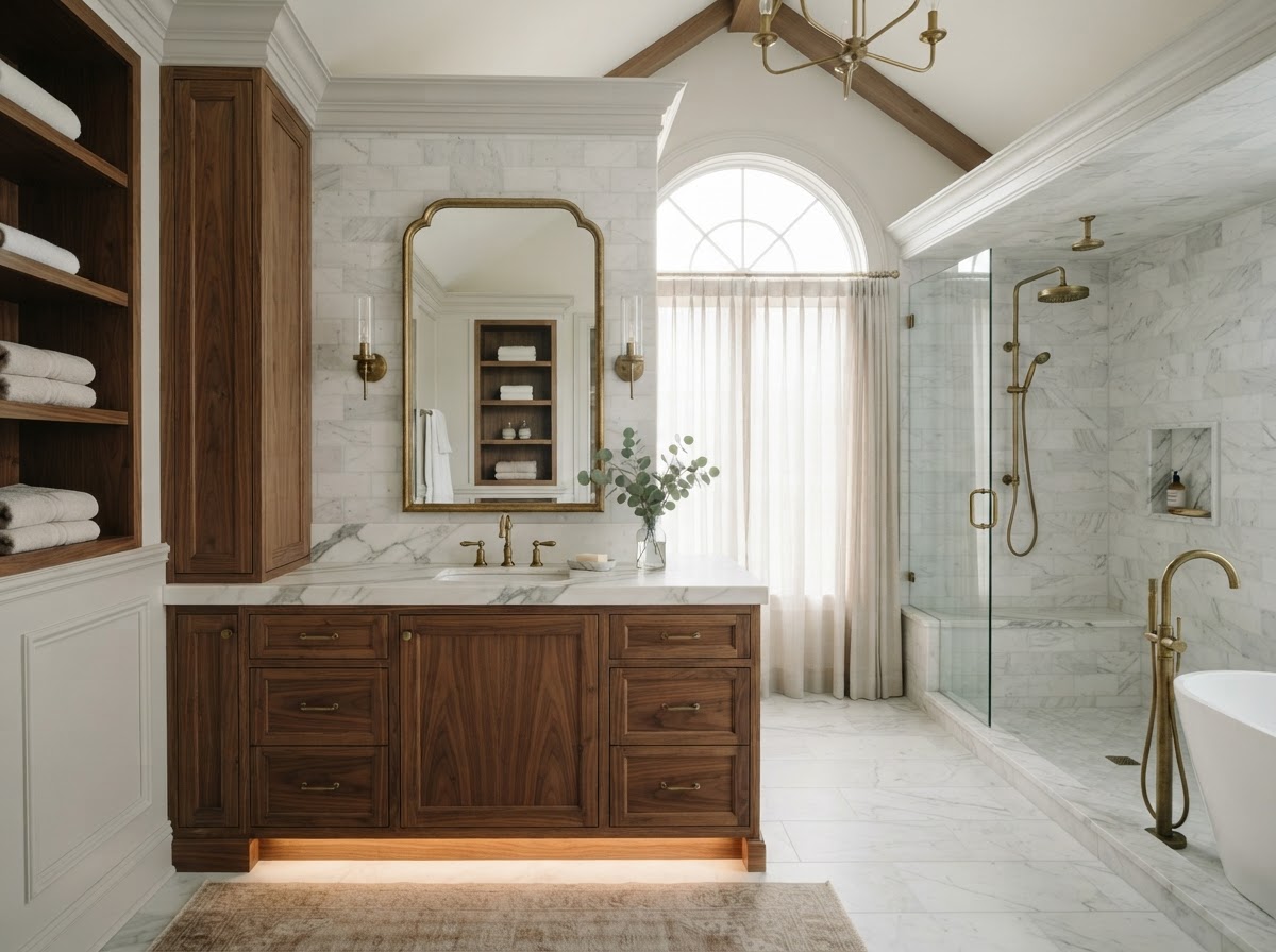 Spa bathroom renovation with custom vanity, marble tilework, and brass fixtures