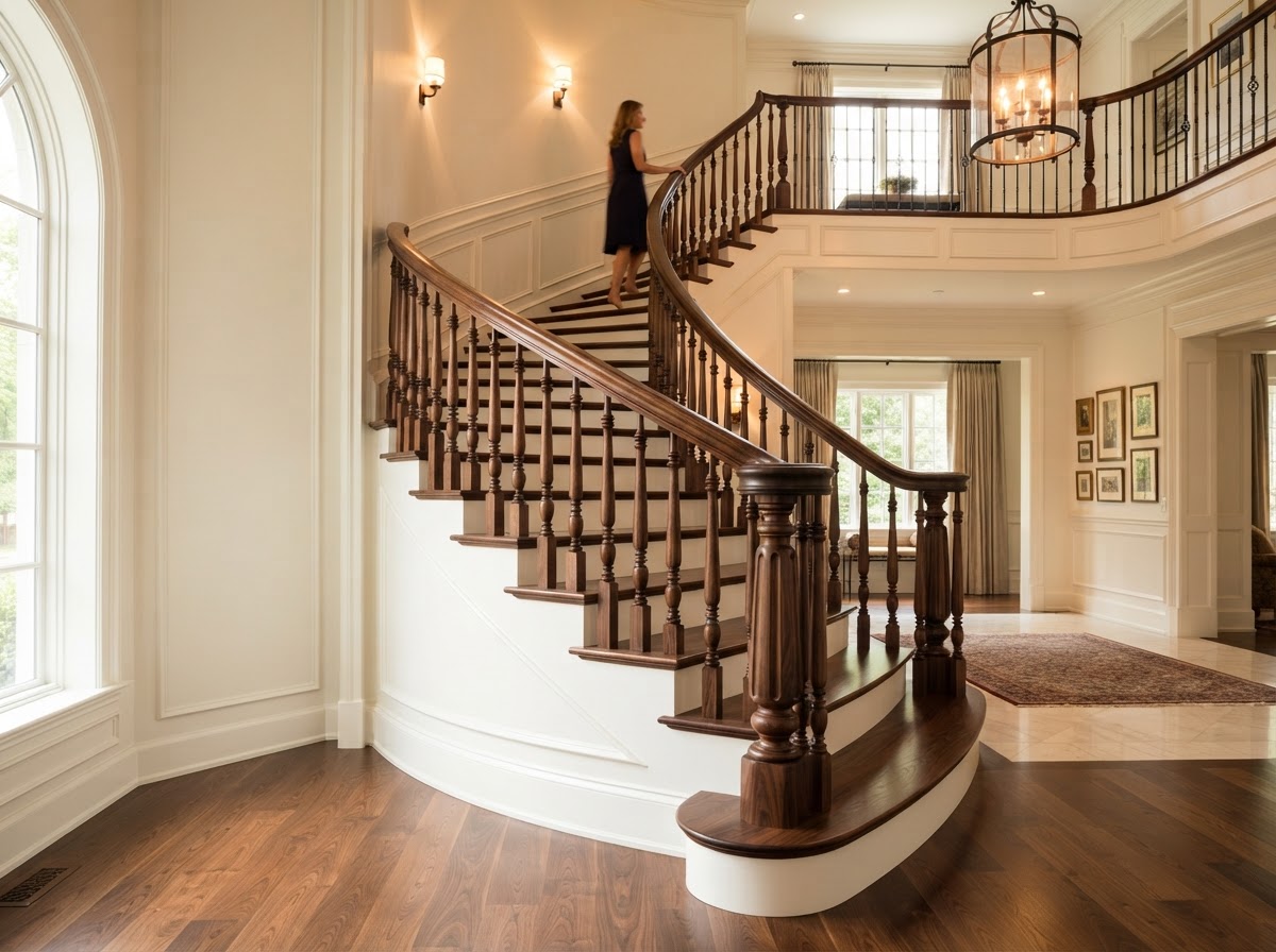 Custom hardwood staircase with dark walnut treads and handcrafted balusters