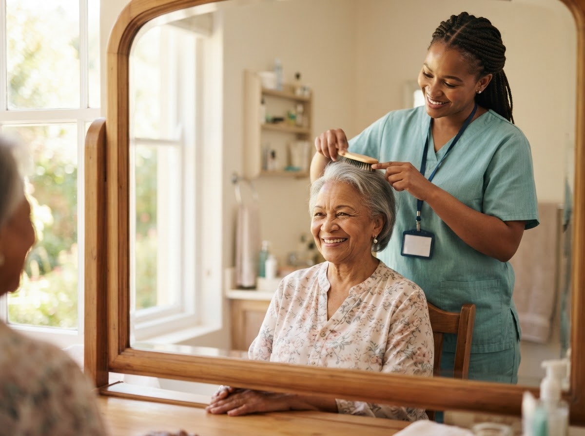 A caregiver gently helping a senior woman with her hair at a mirror