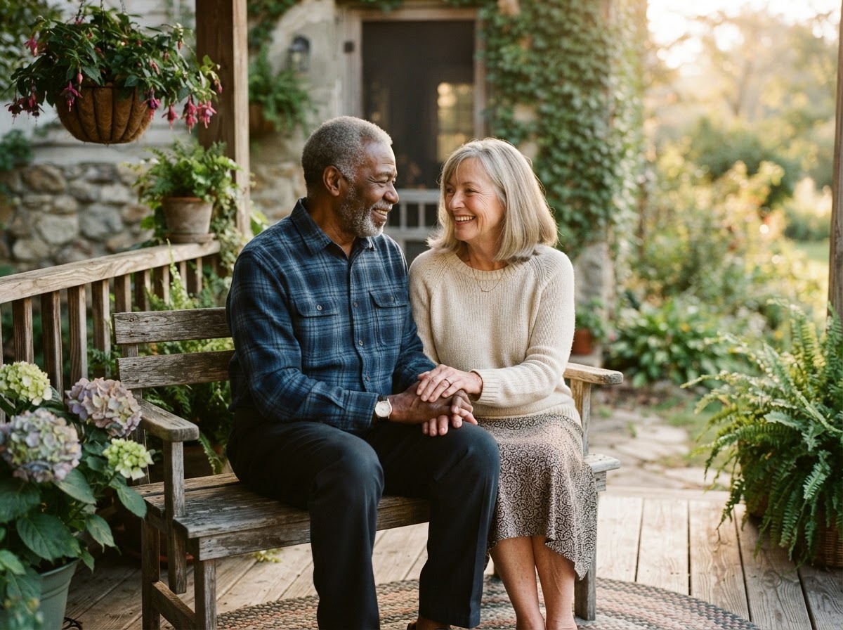 An older couple holding hands and smiling together on a porch