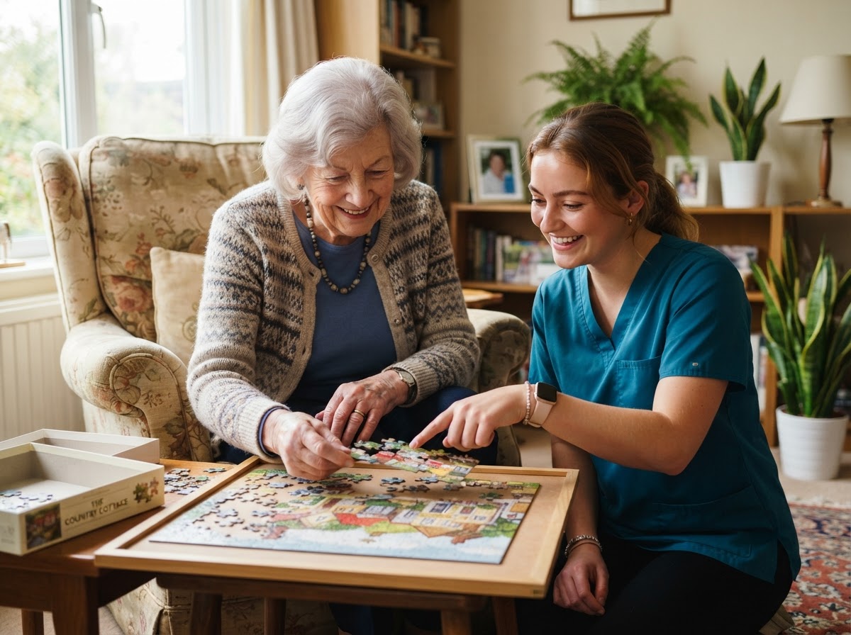 A caregiver and senior doing a jigsaw puzzle together