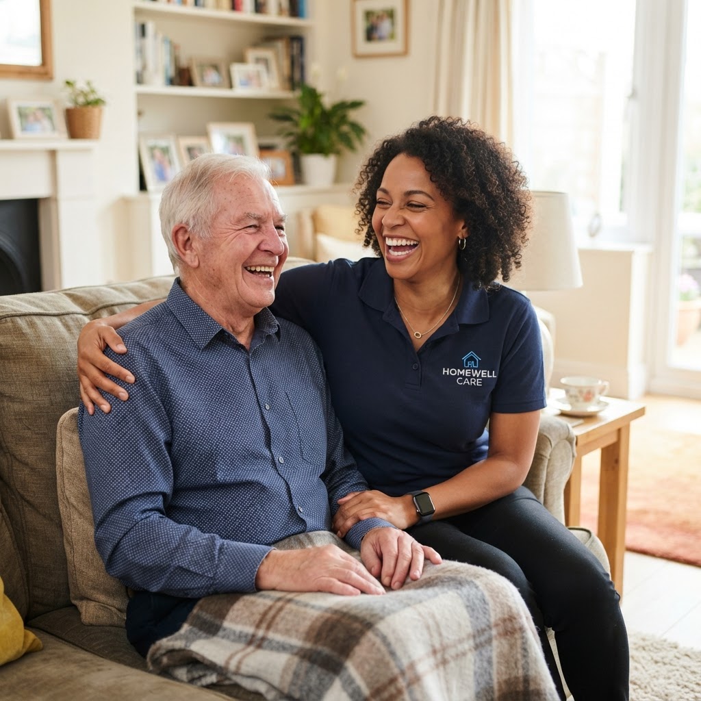 A caregiver sharing a warm moment with an older adult