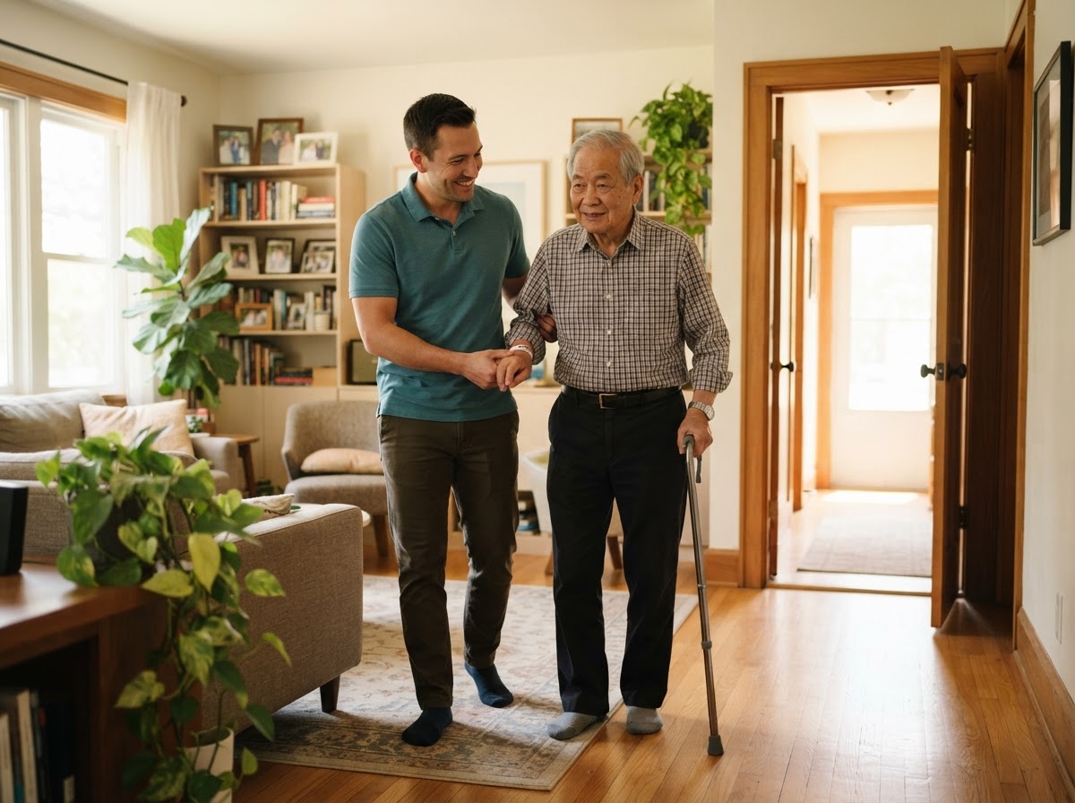 A male caregiver supporting an older man as they walk together at home