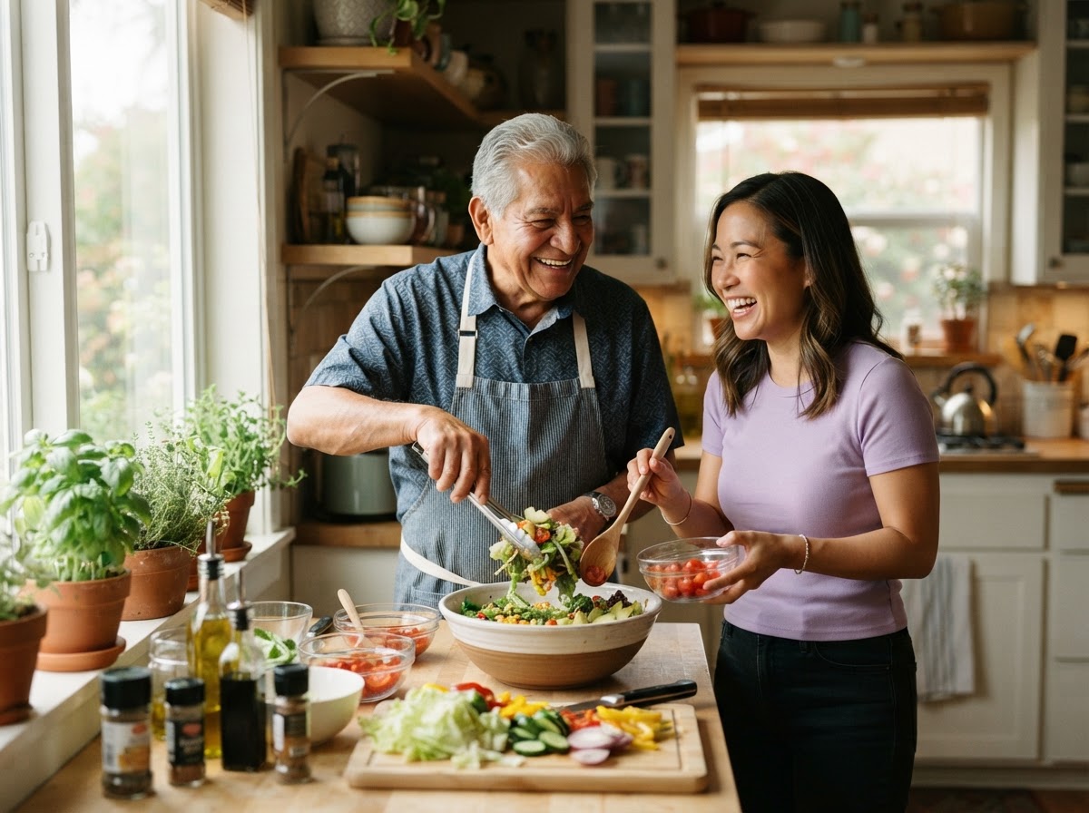 A senior man preparing a fresh meal with a caregiver in a bright kitchen