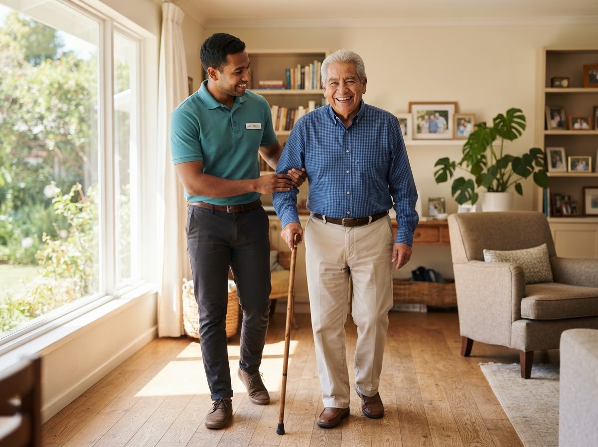 A caregiver helping an older adult walk through a sunlit home