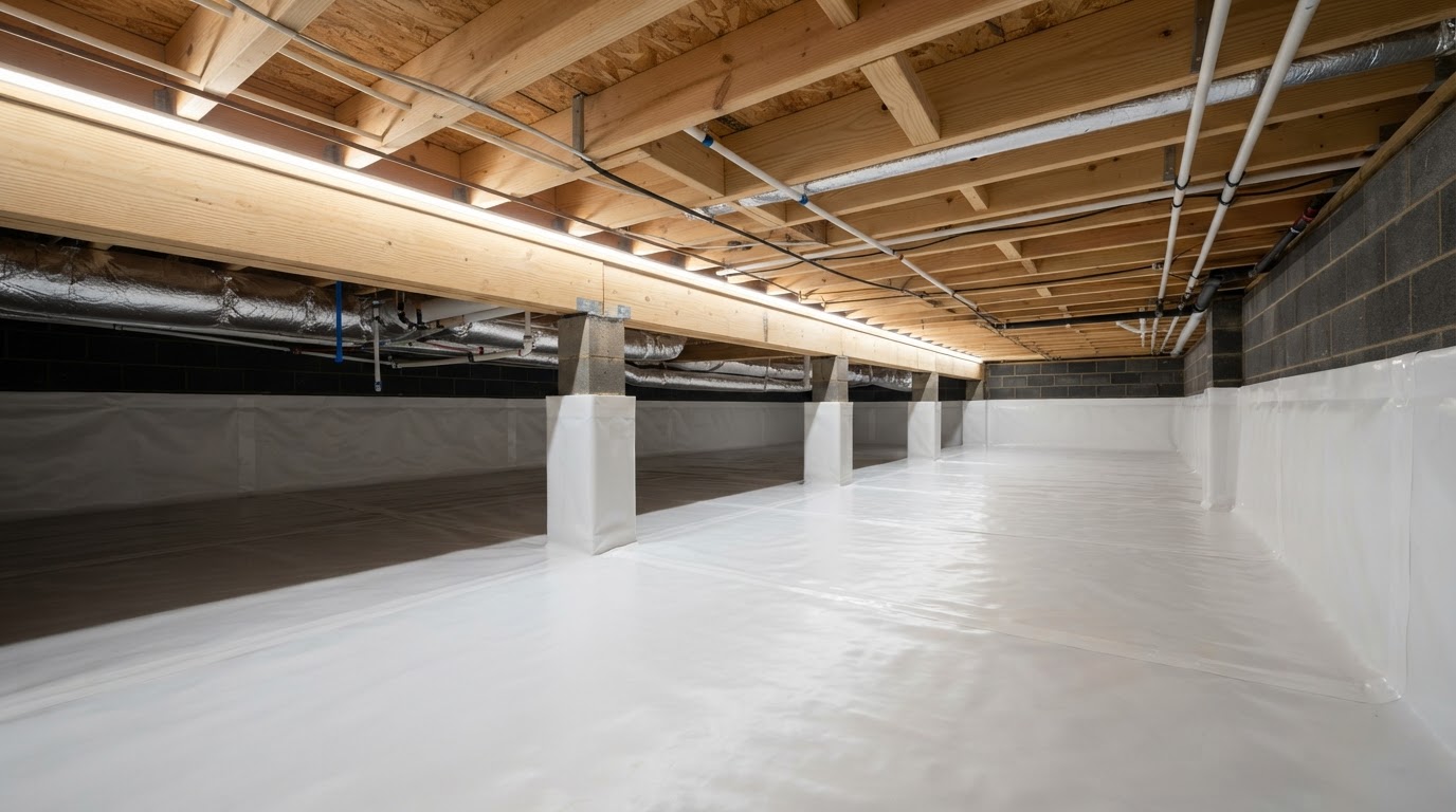 Professionally serviced residential crawl space with encapsulation vapor barrier