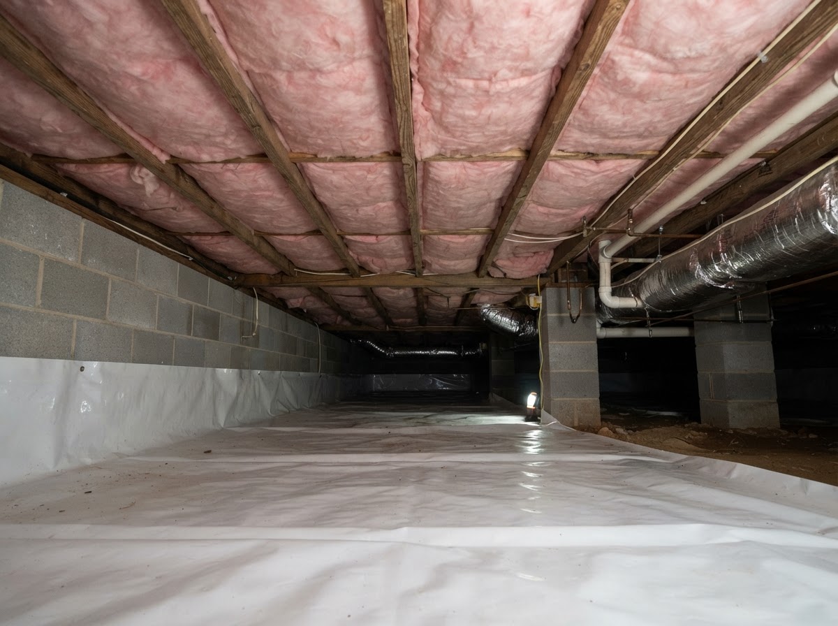 Properly installed pink fiberglass batt insulation with the fiberglass side facing down and secured between floor joists in a low residential crawl space