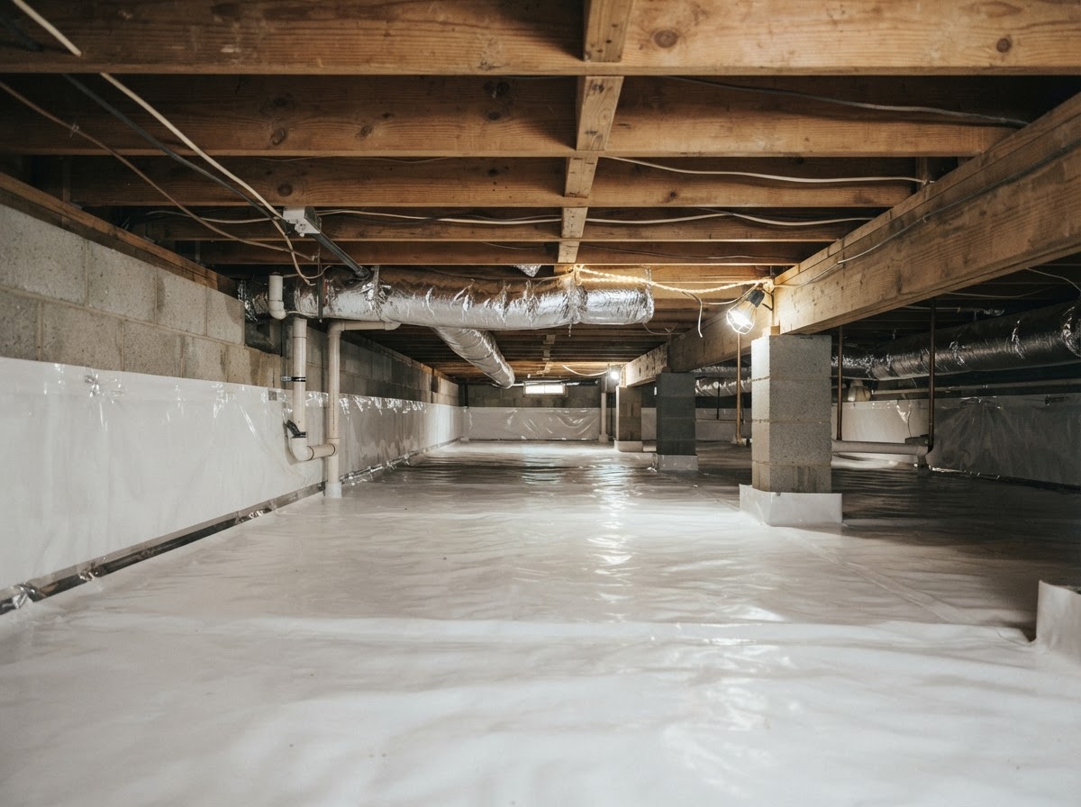 Completed low residential crawl-space encapsulation with liner up the walls and sealed piers