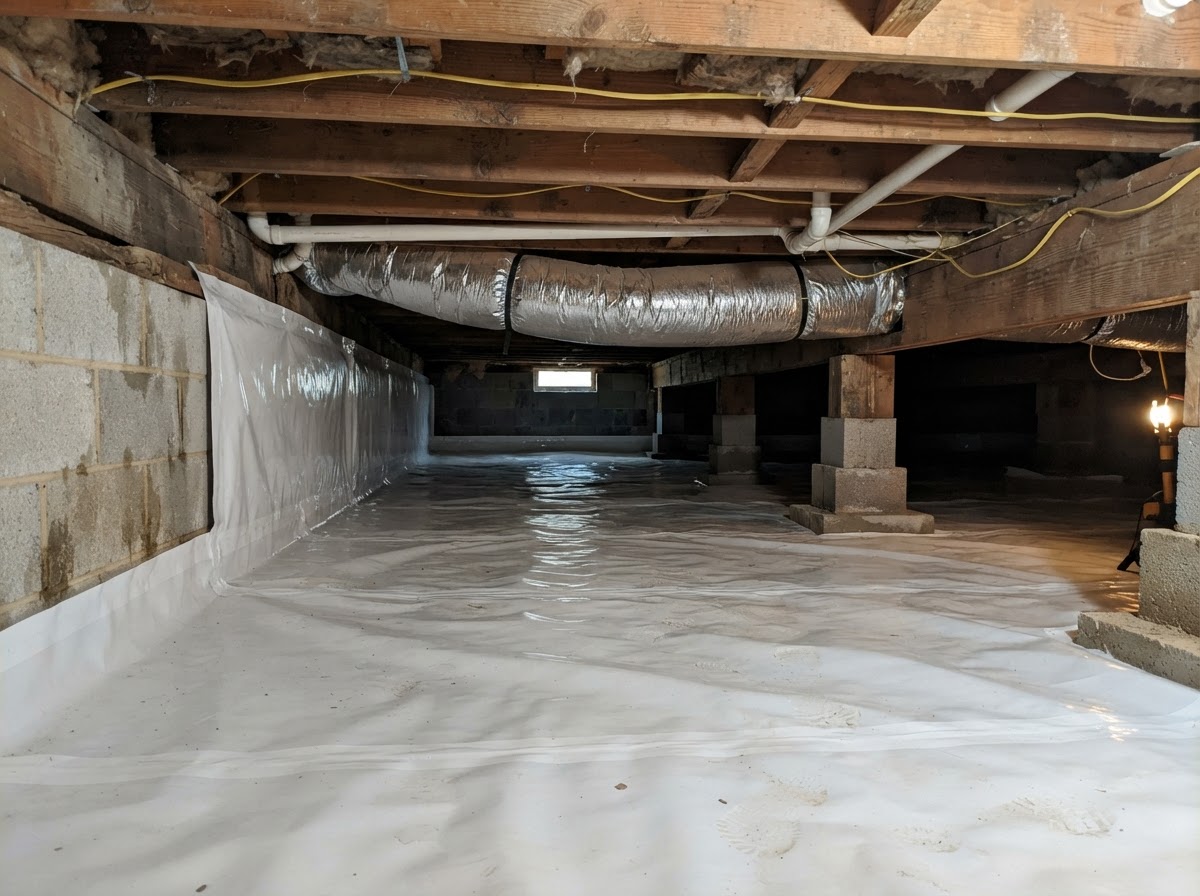 Close view of a professionally installed white vapor barrier sealed around piers in a low residential crawl space