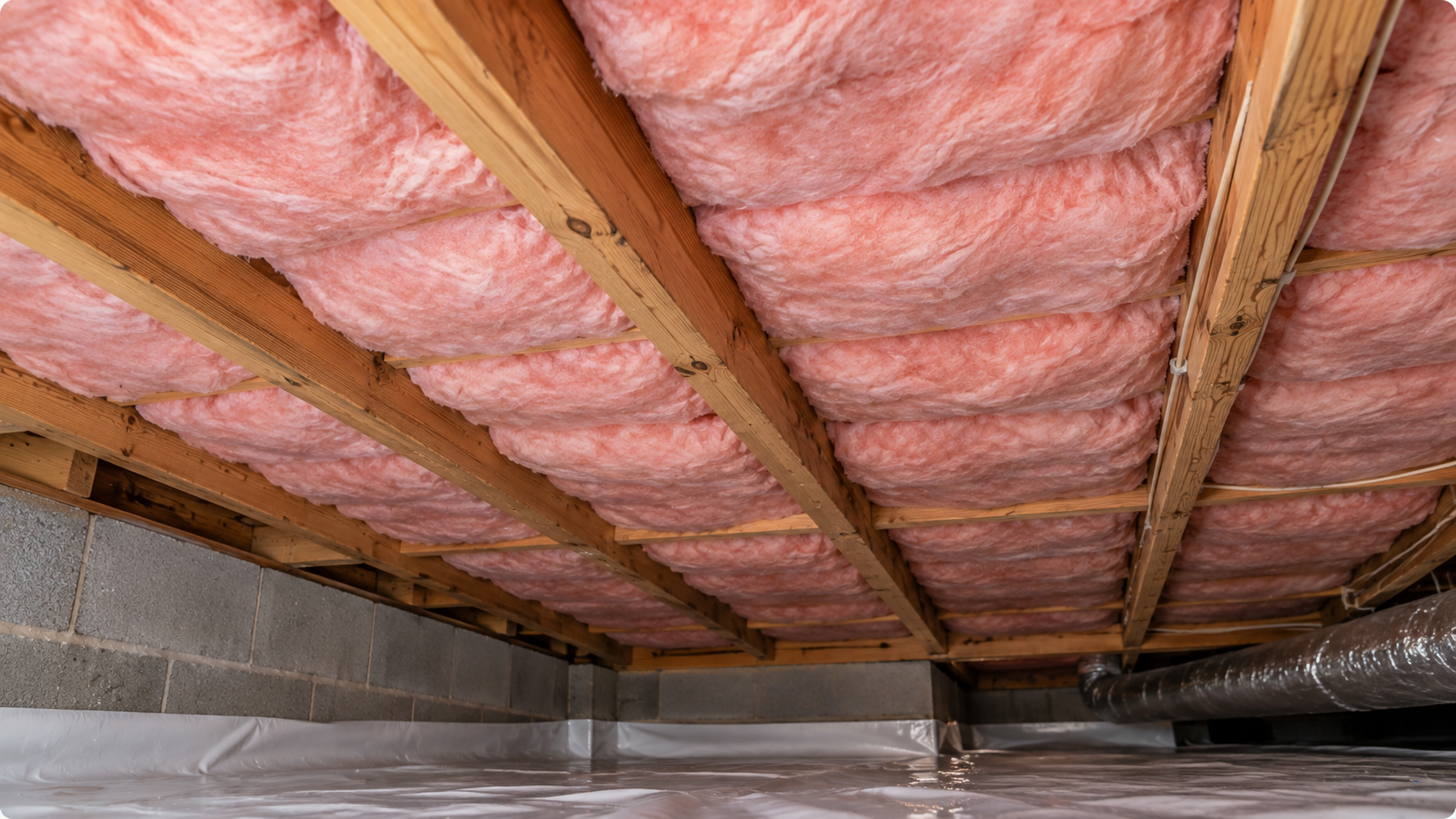 Pink fiberglass batt insulation installed between wooden floor joists above a clean vapor barrier in a residential crawl space
