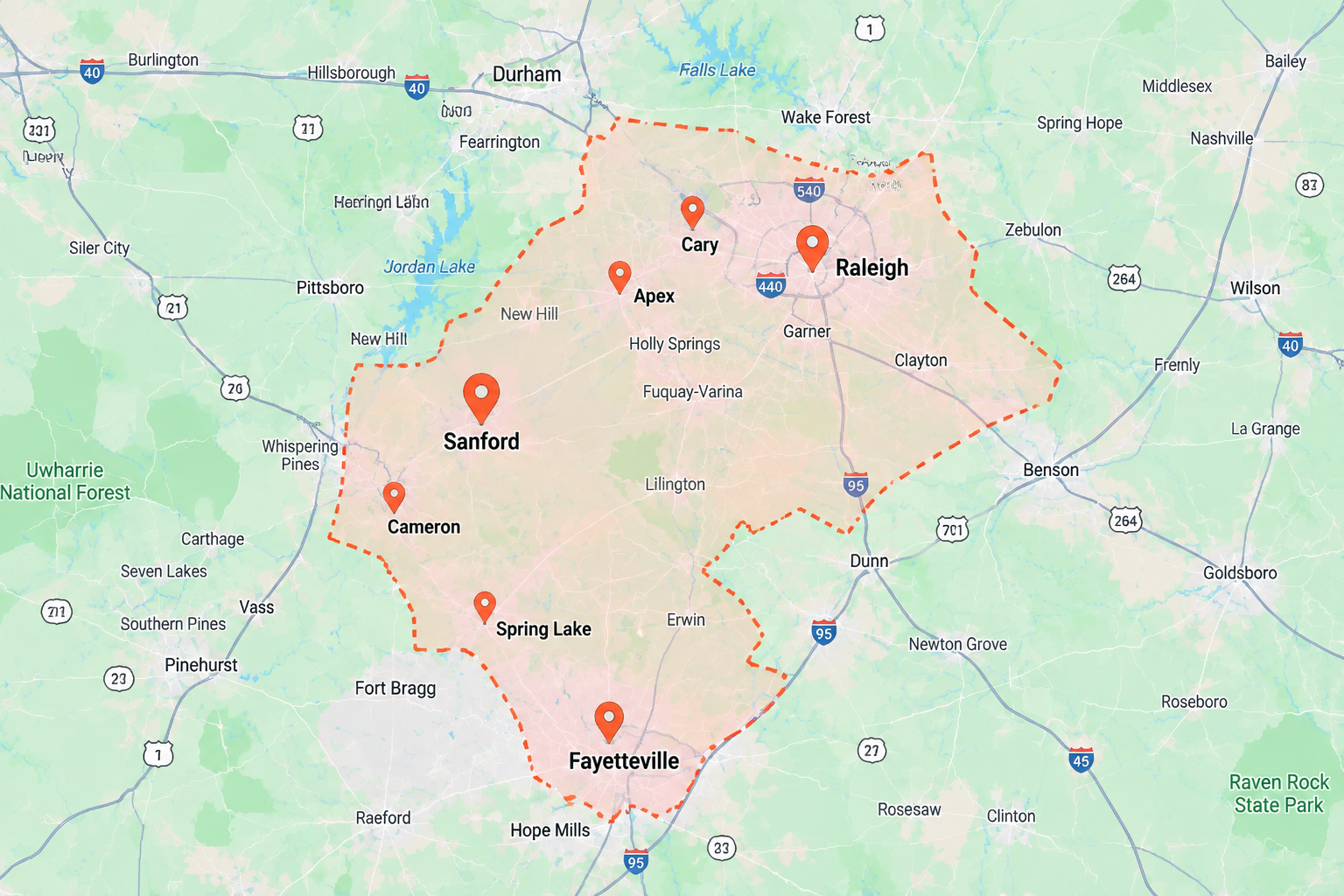 Oscar’s HVAC Services service area map showing Sanford, Lee County, Cameron, Spring Lake, Fayetteville, Apex, Cary, and Raleigh.