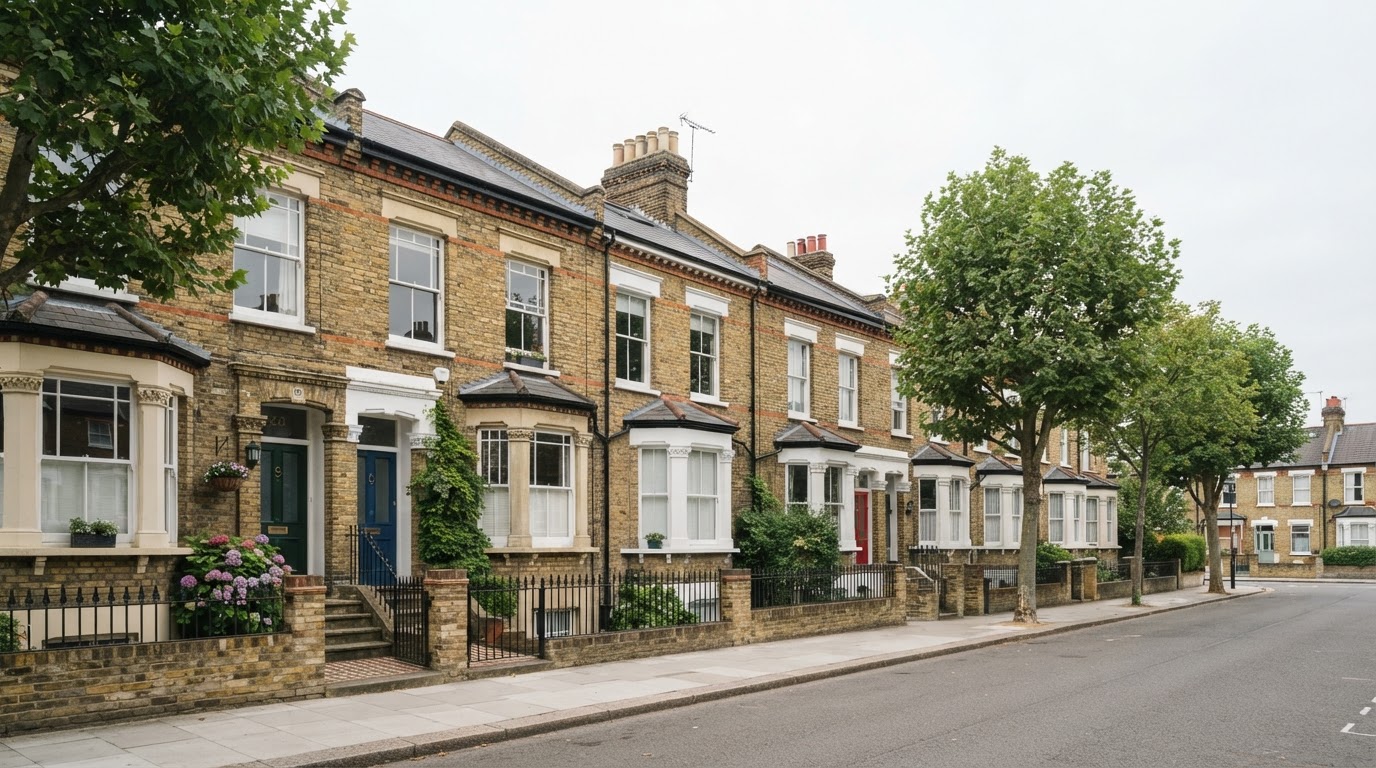 Row of Victorian terraced houses with period sash windows on a quiet UK street