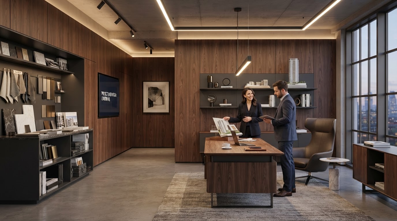 Modern office interior with architectural wood paneling